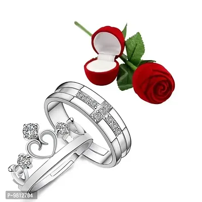 Combo Pack of Couple Crown Silver Ring with Artificial Red Ring Rose Box for Girlfriend, Wife, Lovers Romantic Gift for Valentine Day Combo Set (Gifts for Girlfriend | Gifts for Boyfriend)-thumb0