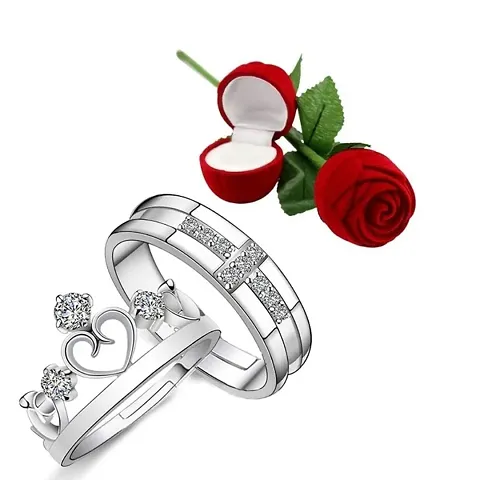 Combo Pack of Couple Crown Silver Ring with Artificial Red Ring Rose Box for Girlfriend, Wife, Lovers Romantic Gift for Valentine Day Combo Set (Gifts for Girlfriend | Gifts for Boyfriend)