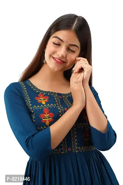 NISHABD Women's Blue A-line Embroidered Kurta for Indian Beauty-thumb5