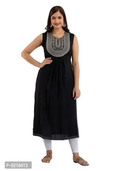 Nishabd Women Embroidered Straight Sleeveless Round Calf Length Kurta-thumb0