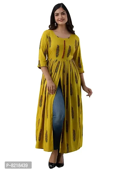 Nishabd Women Mustard Rayon Round Neck 3/4 Sleeves Frontslit Kurta (Mustard)