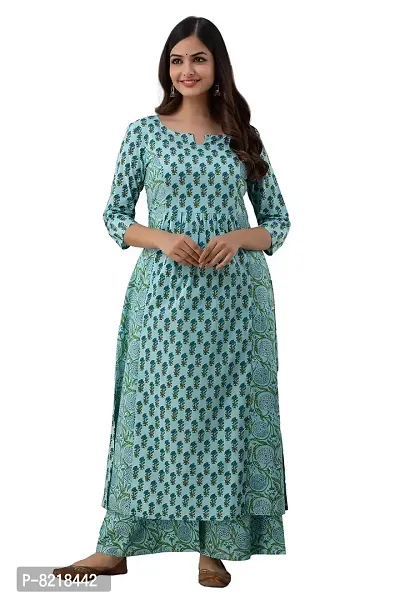 Nishabd Women Blue Cotton Keyhole Neck 3/4 Sleeves A-line Kurta  Palazzo Set (Blue_M)-thumb0