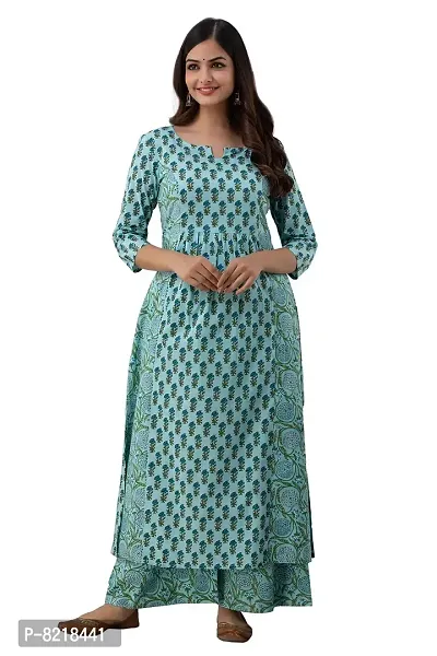 Nishabd Women Baby Pink Cotton Keyhole Neck 3/4 Sleeves A-line Kurta  Palazzo Set (BabyPink  Blue)-thumb0