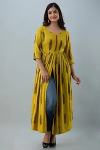 Nishabd Women Mustard Rayon Round Neck 3/4 Sleeves Frontslit Kurta (Mustard_XL)-thumb1