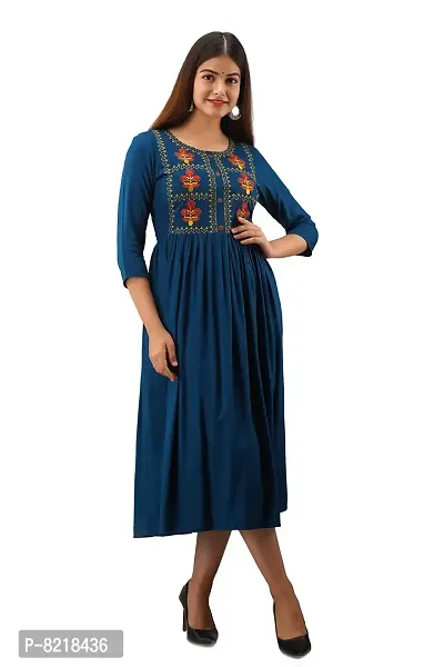 NISHABD Women's Blue A-line Embroidered Kurta for Indian Beauty-thumb3