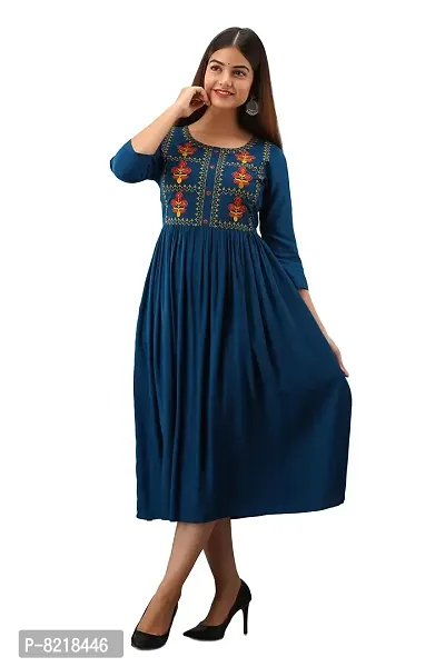 NISHABD Women's Blue A-line Embroidered Kurta for Indian Beauty-thumb2