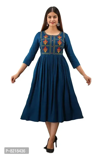 NISHABD Women's Blue A-line Embroidered Kurta for Indian Beauty-thumb0