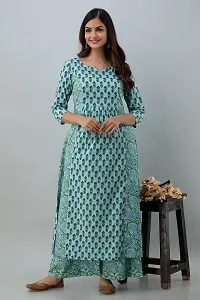 Nishabd Women Blue Cotton Keyhole Neck 3/4 Sleeves A-line Kurta  Palazzo Set (Blue_M)-thumb3