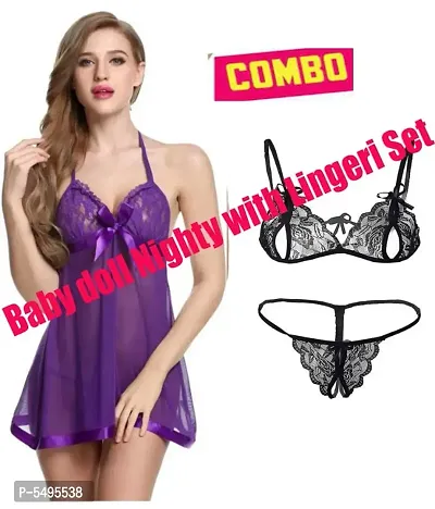 New Fancy Baby Doll Purple Dresses with Lingerie Set Black-thumb0