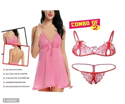 Sexy Nightwear  Baby Doll Dresses Pink With Panty and Red Lingerie Set-thumb0