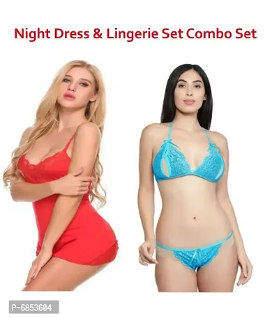 Stylish Soft perfect for every hot night Women Nightdresses Red  Aqua Lingerie Set Free Size (28 to 36)inch