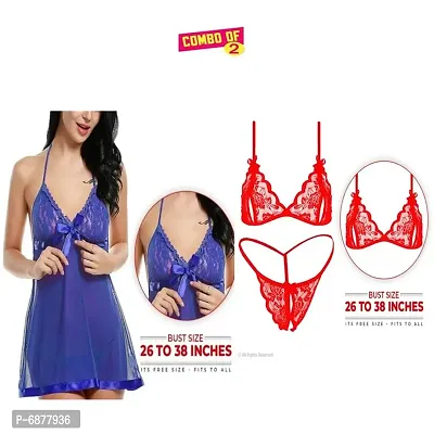 Trendy Stylish Hot Every Night Women Nightdresses with Bra Panty Lingerie Set Free  Size (28 to 34)inch