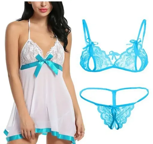 Combo Offer! Women Babydoll Nightwear Lace Bra Panty Lingerie Set