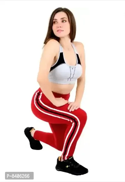 Trendy Girls  Women Gym  Sports Wear Jeggings Ankle Length Leggings - Workout Trousers - Stretchable Striped Jeggings - Yoga Track Pants Red Free Size(28 to 36)inch-thumb0