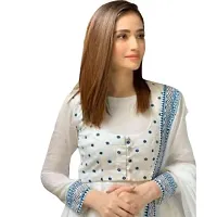 S2 Brothers Textile Women's Rayon Calf Length Full Sleeve Round Neck White Printed One Piece Anarkali Kurta with Long Dupatta Set (White, Blue)-thumb1