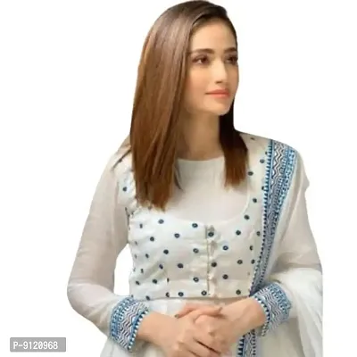 S2 Brothers Textile Women's Rayon Calf Length Full Sleeve Round Neck White Printed One Piece Anarkali Kurta with Long Dupatta Set (White, Blue)-thumb2