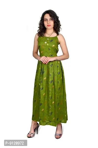 MOAJAZA Women Long Dress Printed Gown Sleevless Kurti for Women  Girls(Green-Small)-thumb0