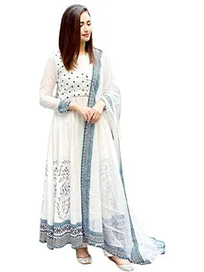 S2 Brothers Textile Women's Rayon Calf Length Full Sleeve Round Neck One Piece Anarkali Kurta with Long Dupatta Set (White, Blue)