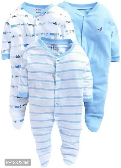 Cotton Rompers/Sleepsuits/Jumpsuit/Night Suits for Newborn Baby Boys  Girls in Blue Color Pack of 3-thumb0