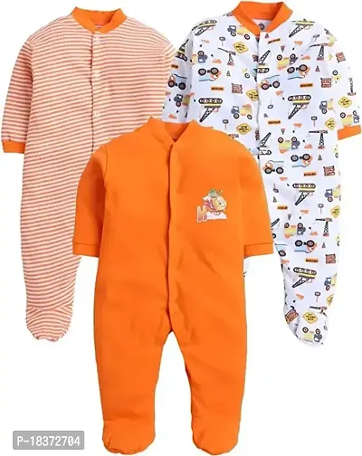 Full Sleeves Rompers for Baby Boys and Baby Girls Made of Cotton Bodysuit Sleepsuits Overalls Summer Winter All Seasons in Orange Color Pack of 3-thumb0