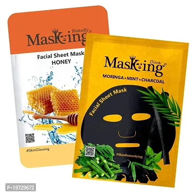 Masking Beauty Facial Sheet Mask of Honey for Skin Glowing 20ml (Pack Of 1)  Masking Diva Moringa, Mint  Charcoal Facial Sheet Mask for Skin Detoxifying 25ml (Pack Of 1) for Women  Men