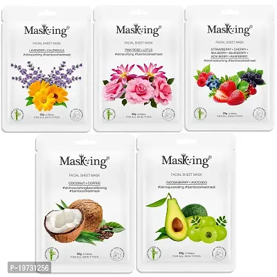 MasKing Bamboo Facial Sheet Mask of Lavender, Pink Rose, Strawberry, Coffee  Gooseberry Ideal for Women  Men, 100ml (Combo Pack of 5)