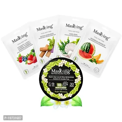 MasKing Bamboo Facial Sheet Mask For Strawberry, Saffron, Algae  Watermelon Ideal For Women  Men (Combo Pack of 4) | Diva Night Blooming Nail Polish Remover 30 Round Pads (Pack of 1)