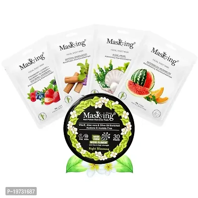 MasKing Bamboo Facial Sheet Mask For Strawberry, Saffron, Algae  Watermelon Ideal For Women  Men (Combo Pack of 4) | Diva Night Blooming Nail Polish Remover 30 Round Pads (Pack of 1)-thumb0