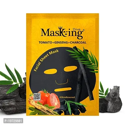 Masking Beauty Facial Sheet Mask of Vitamin-C for Skin Brightening 20ml  Masking Diva Tomato, Ginseng  Charcoal Facial Sheet Mask for Skin Renewal 25ml for Women  Men (combo Pack Of 2)-thumb2