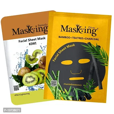 Masking Beauty Facial Sheet Mask of Kiwi 20ml  Masking Diva Bamboo, Tea-tree  Charcoal facial Sheet Mask for skin glowing and fairness for Women  Men, combo Pack Of 2