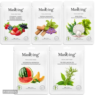 MasKing Bamboo Facial Sheet Mask of Strawberry, Saffron, Algae, Watermelon  Tea Tree Ideal for Women  Men, 100ml (Combo Pack of 5)-thumb0