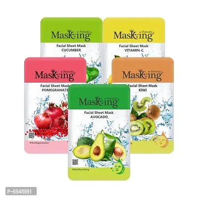 Beauty Facial Sheet Mask With Real Extract Of Cucumber, Lemon, Pomegranate, Kiwi And Avocado For Women And Men 100 Ml - Pack Of 5