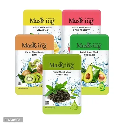 Beauty Facial Sheet Mask With Real Extract Of Lemon, Pomegranate, Kiwi, Avocado And Green Tea G For Women And Men, 100 Ml - Pack Of 5