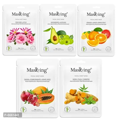 Facial Sheet Mask of Pink Rose, Gooseberry, Orange, Papaya and Neem Bamboo Sheet Based Ideal for Glowing Skin Women Men (Combo Pack of 5)