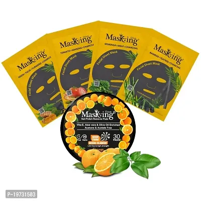 MasKing Diva Charcoal Facial Sheet Mask For Anti Acne, Skin Renewal, Glowing  Anti Inflammatory Ideal For Women  Men (Combo Pack of 4) | Diva Orange Nail Polish Remover 30 Round Pads (Pack of 1)