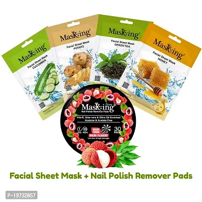 MasKing Beauty Facial Sheet Mask with Real extract of Cucumber, Potato, Green Tea  Honey Ideal for Women  Men (Combo Pack of 4) | Diva Litchi Nail Polish Remover 30 Round Pads (Pack of 1)