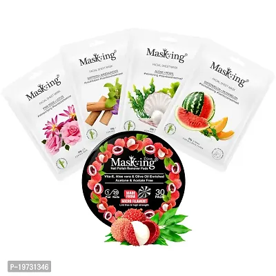 MasKing Bamboo Facial Sheet Mask For Pink Rose, Saffron, Algae  Watermelon Ideal For Women  Men (Combo Pack of 4) | Diva Litchi Nail Polish Remover 30 Round Pads (Pack of 1)