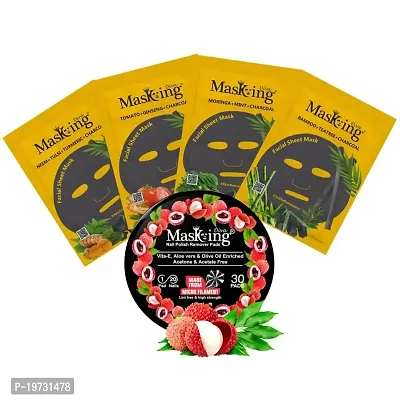 MasKing Diva Charcoal Facial Sheet Mask For Anti Acne, Skin Renewal, Glowing  Anti Inflammatory Ideal For Women  Men (Combo Pack of 4) | Diva Litchi Nail Polish Remover 30 Round Pads (Pack of 1)-thumb0