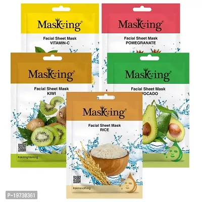 Masking Beauty face sheet mask | for Glowing skin Sheet Mask | Lemon, Kiwi, Avocado and Rice (20g each) Combo of 05