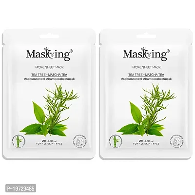 MasKing Bamboo Facial Sheet Mask of Tea Tree  Matcha Tea for Sebum Control Ideal for Women  Men, 20ml each (Pack of 2)