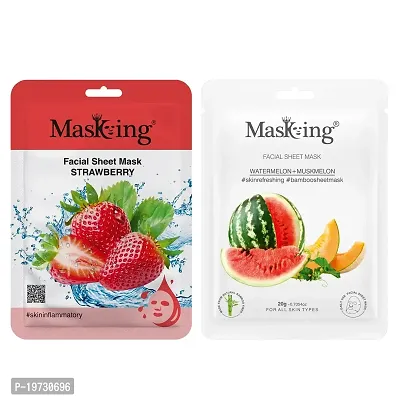 MasKing Beauty Facial Sheet Mask of Strawberry (20g)  Bamboo Facial Sheet Mask of Watermelon  Muskmelon (20g) Ideal for Women  Men (Combo Pack of 2)