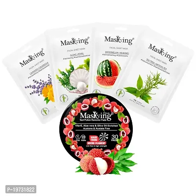 MasKing Bamboo Facial Sheet Mask For Lavender, Algae, Watermelon  Tea Tree Ideal For Women  Men (Combo Pack of 4) | Diva Litchi Nail Polish Remover 30 Round Pads (Pack of 1)