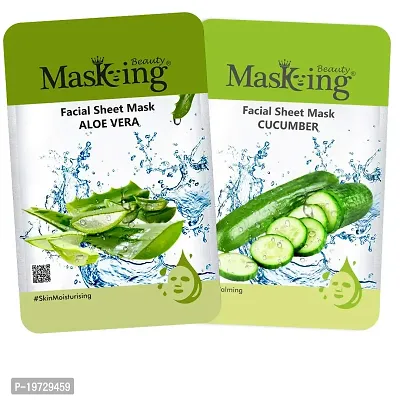 Masking Beauty Summer Facial Sheet Mask for Skin Moisturizing, Skin Lightening, Skin Nourishing, Calming, Fairness of Natural Serum (Aloe Vera and Cucumber) Suitable for Women  Men (Combo of 2)-thumb0