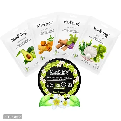 MasKing Bamboo Facial Sheet Mask For Gooseberry, Neem, Saffron  Algae Ideal For Women  Men (Combo Pack of 4) | Diva Night Blooming Nail Polish Remover 30 Round Pads (Pack of 1)