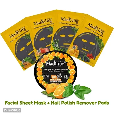 MasKing Diva Charcoal Facial Sheet Mask For Anti Acne, Skin Renewal, Anti Inflammatory  Purifying Ideal For Women  Men (Combo Pack of 4) | Diva Orange Nail Polish Remover 30 Round Pads (Pack of 1)