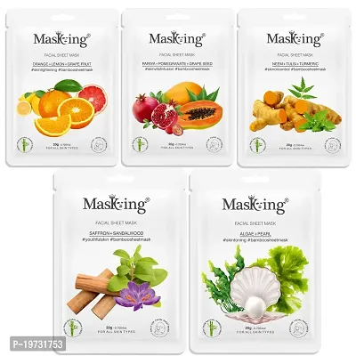 MasKing Bamboo Facial Sheet Mask of Orange, Papaya, Neem, Saffron  Algae Ideal for Women  Men, 100ml (Combo Pack of 5)-thumb0