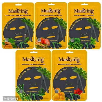 Masking Diva Charcoal Facial Sheet Mask Combo| Natural Charcoal Sheet Mask |Face sheet Mask for Women, Men Combo Pack of 05 (100ml/g)