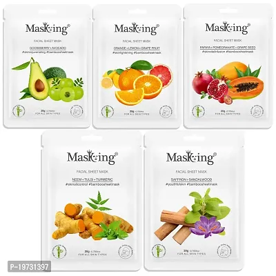 MasKing Bamboo Facial Sheet Mask of Gooseberry, Orange, Papaya, Neem  Saffron Ideal for Women  Men, 100ml (Combo Pack of 5)