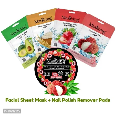 MasKing Beauty Facial Sheet Mask with Real extract of Avocado, Rice, Strawberry  Litchi Ideal for Women  Men (Combo Pack of 4) | Diva Litchi Nail Polish Remover 30 Round Pads (Pack of 1)