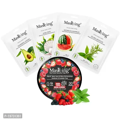 MasKing Bamboo Facial Sheet Mask For Gooseberry, Algae, Watermelon  Tea Tree Ideal For Women  Men (Combo Pack of 4) | Diva Berries Nail Polish Remover 30 Round Pads (Pack of 1)-thumb0